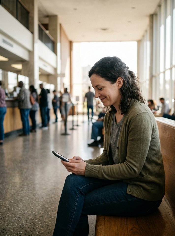 Resident on a bench in a busy city services lobby, reading her phone