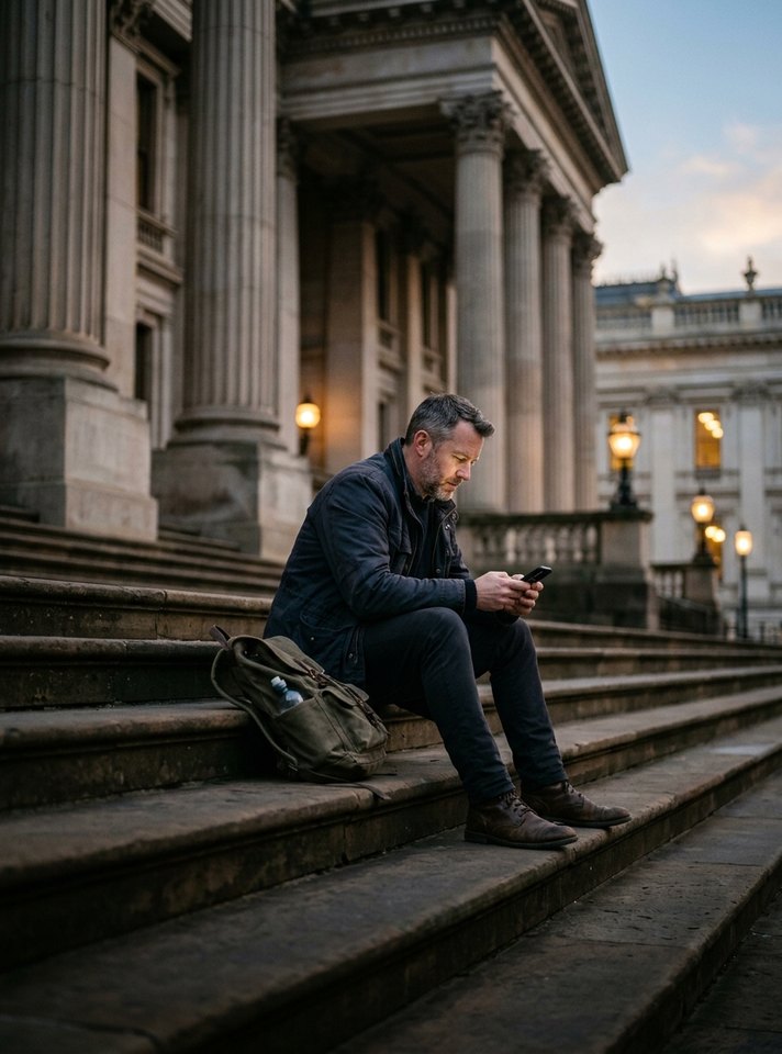 Man sitting on the steps of city hall at dusk, looking at his phone
