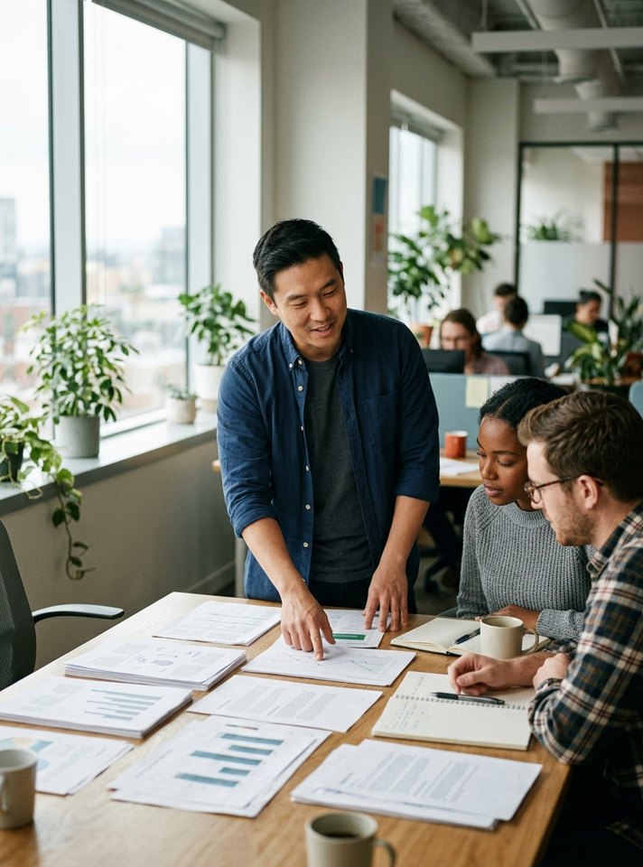 Program manager reviewing printed reports with two colleagues