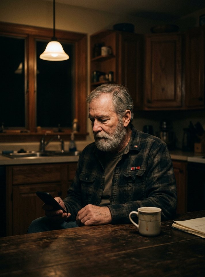 Veteran at his kitchen table late at night, checking his phone