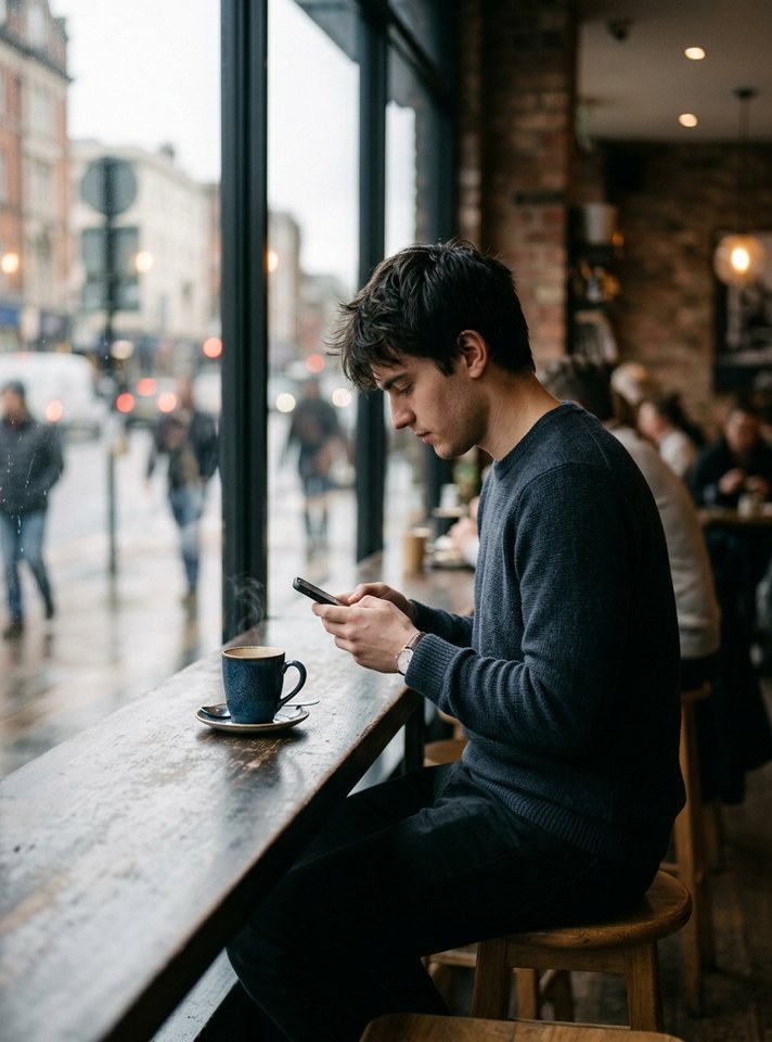 Young man at a cafe window counter with a coffee, looking at his phone