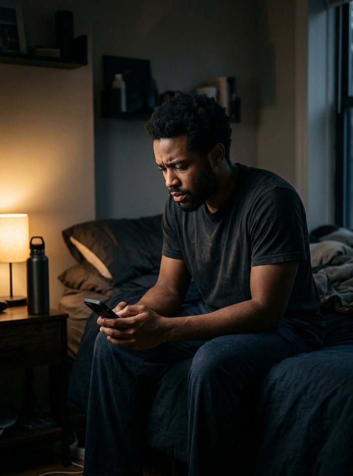 Young man sitting on his bed late at night, reading his phone