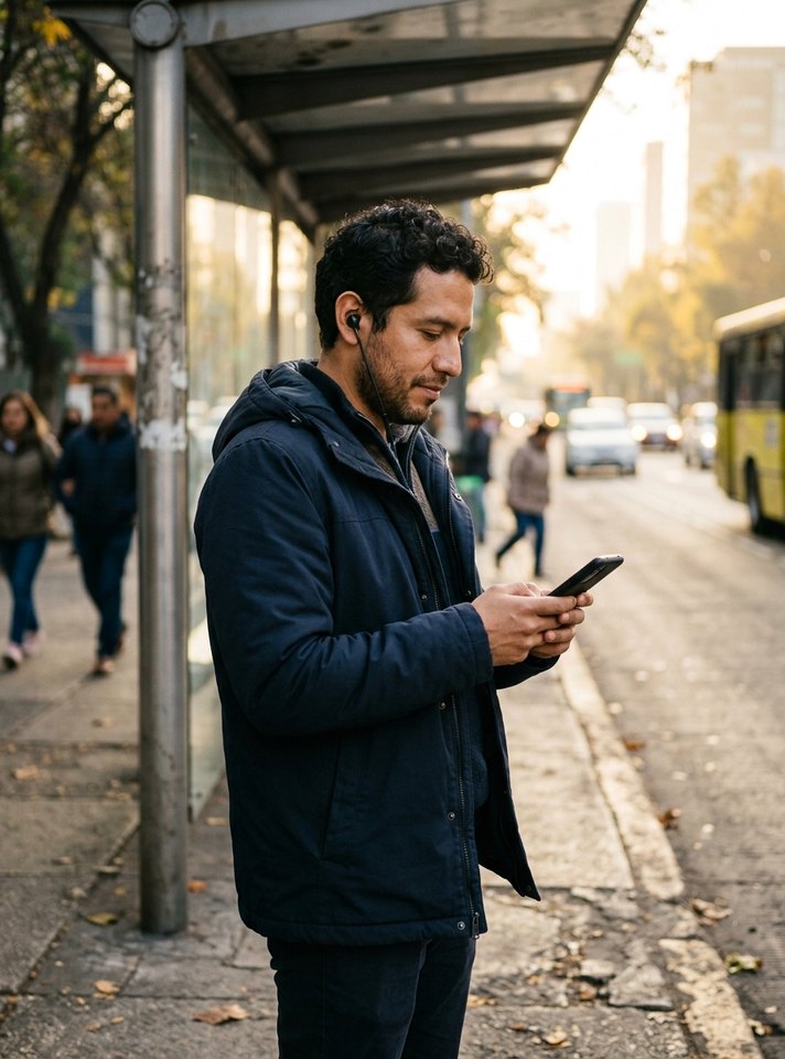 Man at a city bus stop in the morning, reading his phone