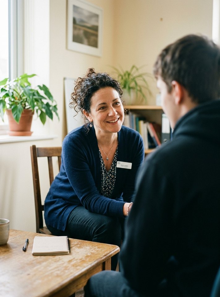 Patient navigator talking with a young man in a clinic consultation room