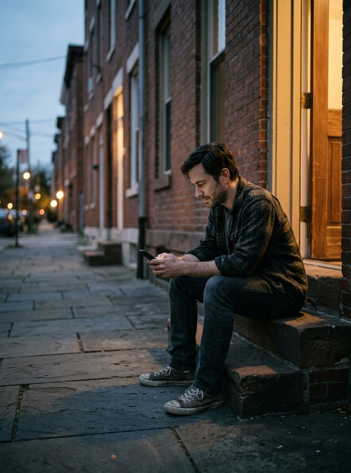 Man sitting on the front steps of his apartment building at night, looking at his phone