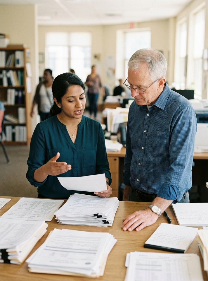 Two public health staff reviewing printed outreach lists together