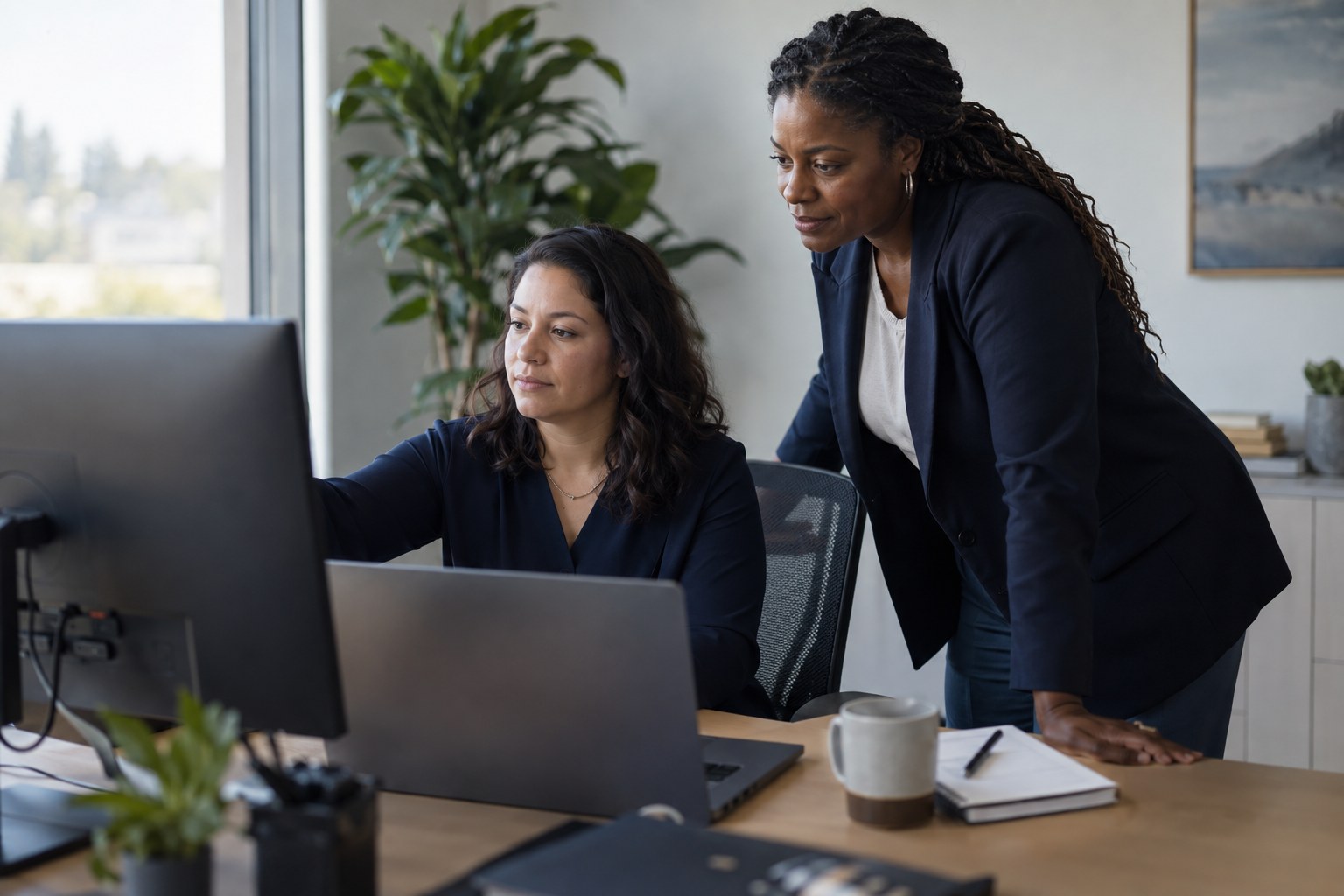 Two public health staff reviewing their work on screen together