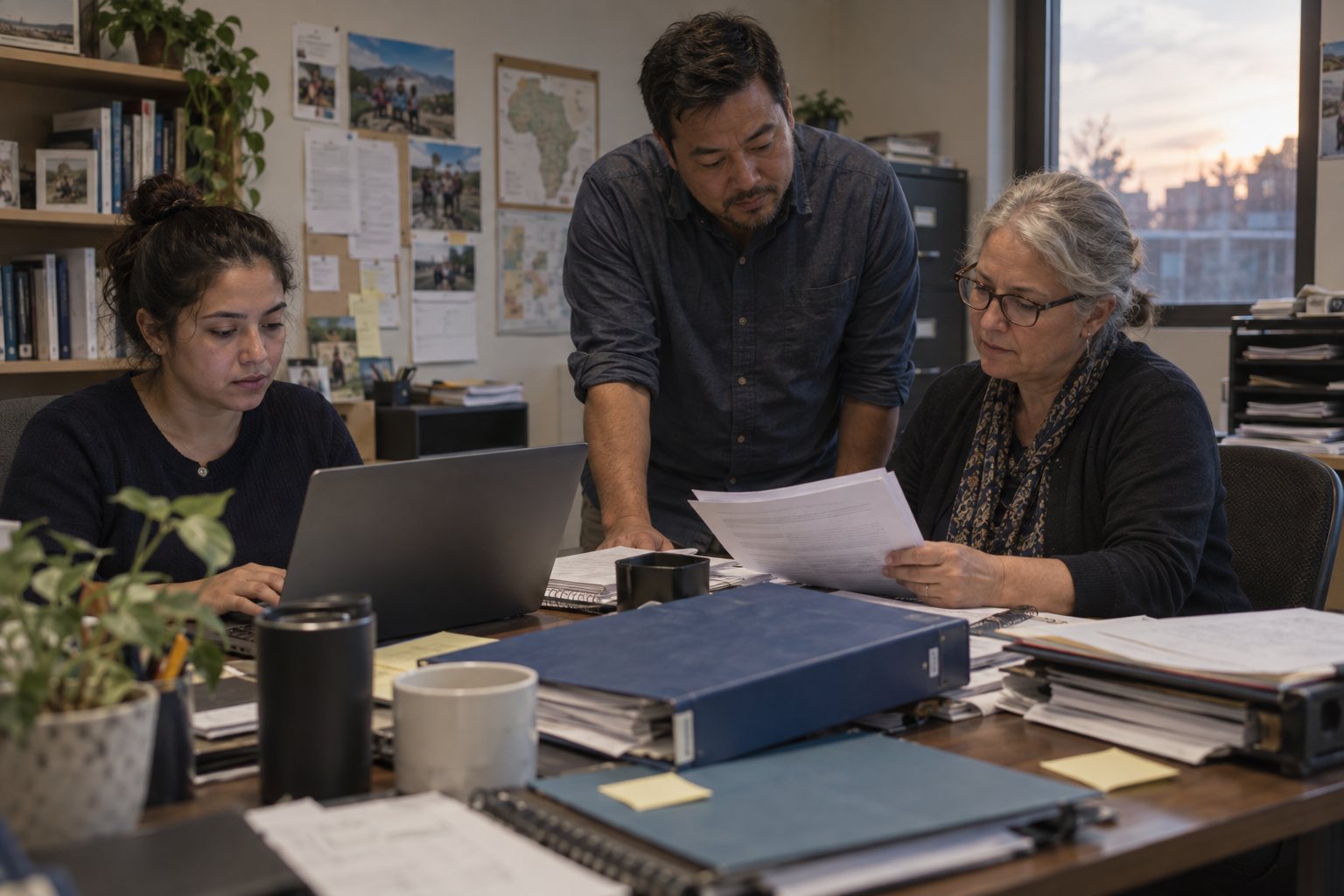 A small community health team reviewing grant paperwork together in their office