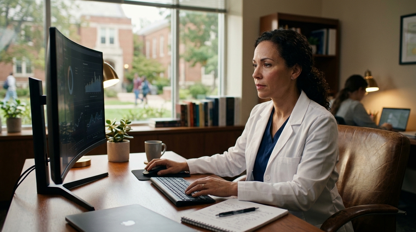 Campus health professional monitoring student wellbeing and early intervention signals