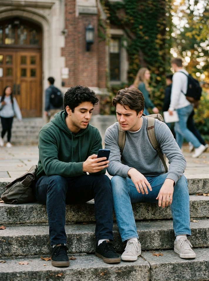 Two students talking quietly on campus steps, one showing his phone