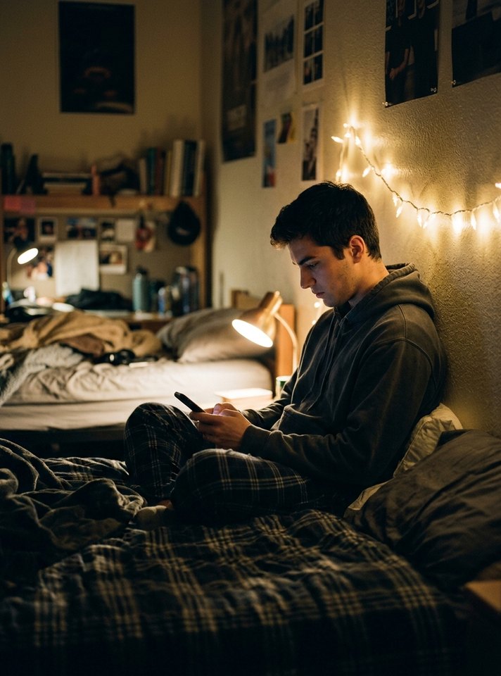 Student in his dorm room late at night, looking at his phone