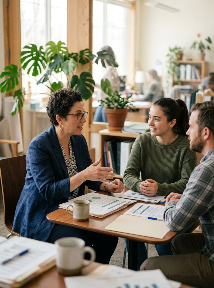 Campus wellness director talking with two colleagues over printed reports